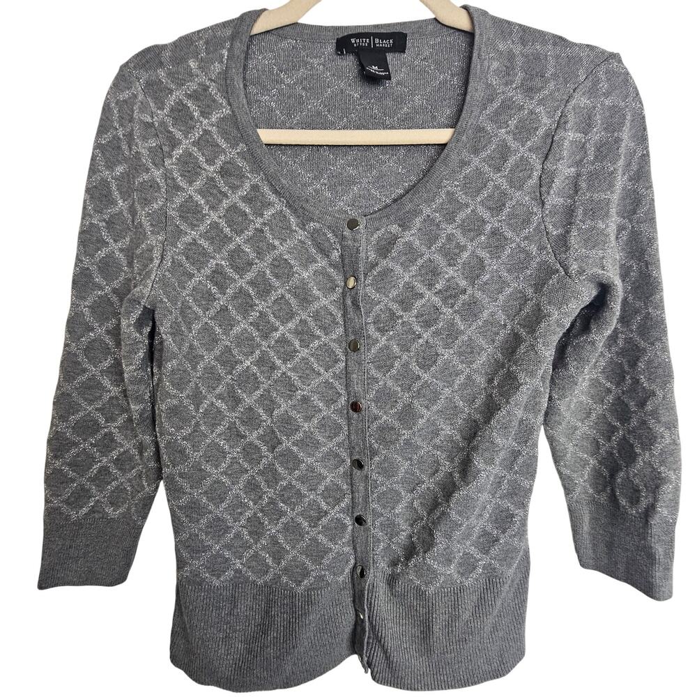 White House Black Market Cardigan Sweater Sz M Diamond Lattic Snap Front Career